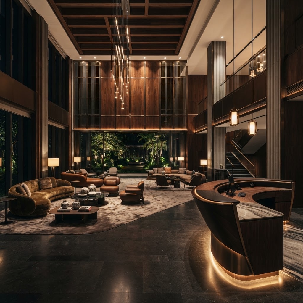 Contemporary luxury hotel lobby with custom furniture